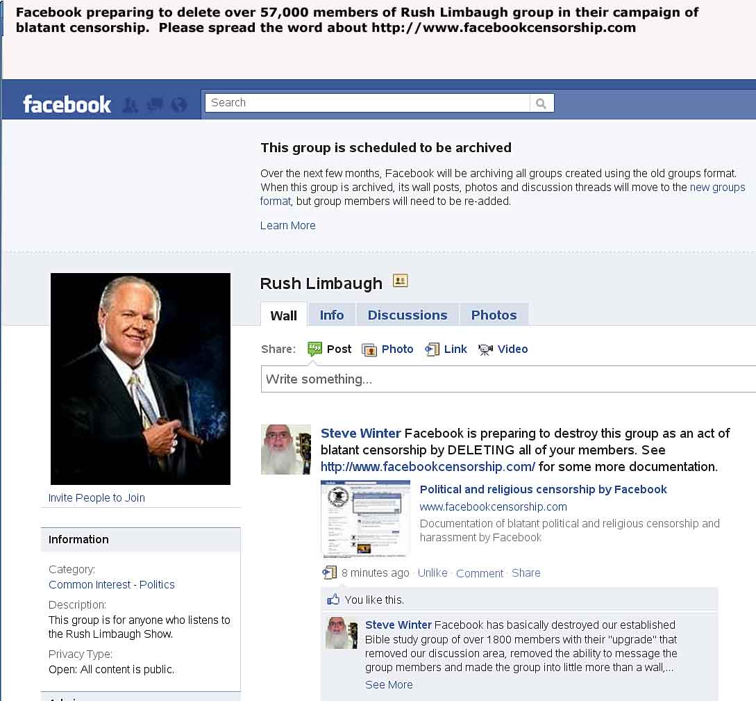 Facebook censorship of Rush Limbaugh group